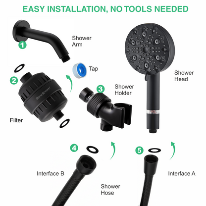 9-Mode Luxury Black Shower Head with Hard Water Filtration Kit